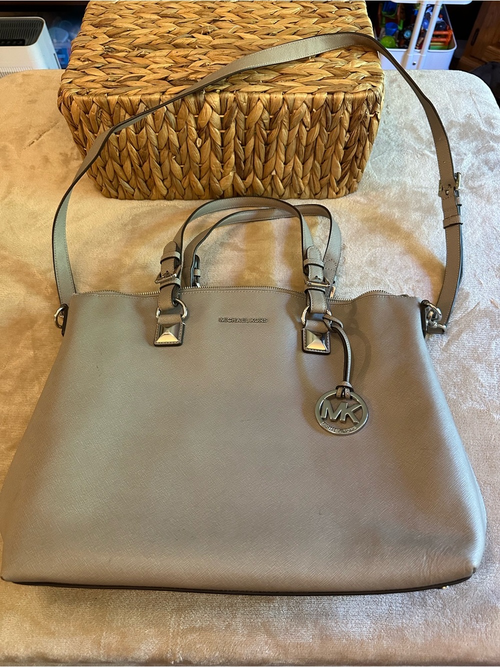 Michael Kors Gray Saffiano Leather Shoulder Bag with MK Charm